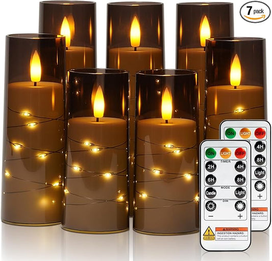 Raycare Flameless Candle with Remote Timer, 7 Flickering Acrylic Battery Operated LED Pillar Candles with Embedded Star String for Christmas, Home Decor, and as a Gift(Grey)