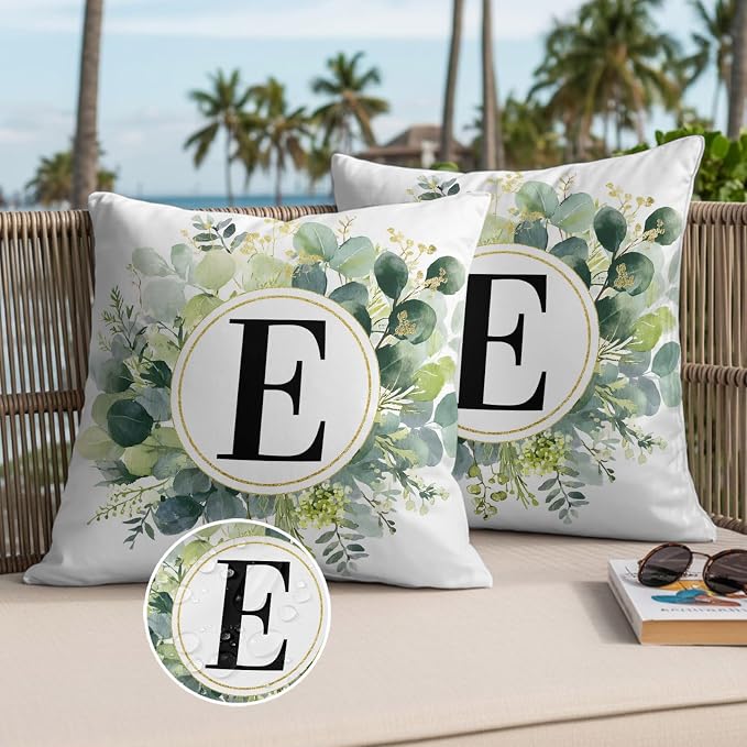 Letter E Waterproof Outdoor Pillow Covers Set of 2 Home Decor, Alphabet Green Eucalyptus Leaves Pillowcase Patio Pillow Covers for Couch Bench Patio Furniture Garden 16x16in