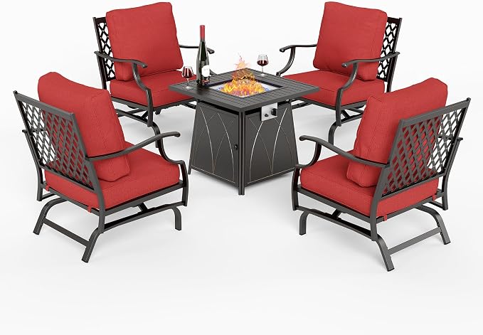 SUNSHINE VALLEY 5 Piece Metal Outdoor Patio Furniture Set with Fire Pit Table, Patio Conversation Sets 4 Rocking Chairs with 5.75" Thick Cushion and 5000 BTU Fire Pit Table, Backyard Furniture, Red