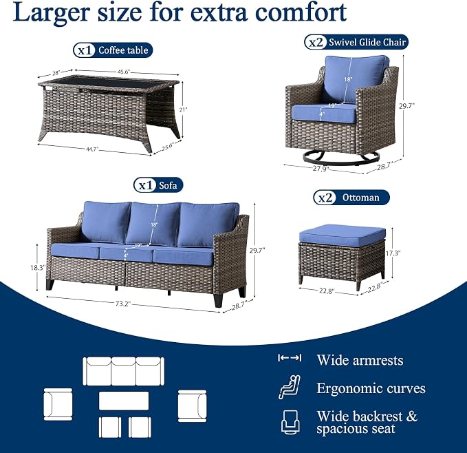 Luxury Patio Furniture sofa Set - 6 Pieces All Weather Wicker Outdoor Couch and High Back Swivel Rocker Patio Chairs with Glass coffee table for Deck Yard and Poolside Gray Wicker | Blue Cushions
