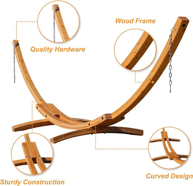 Lazy Daze Hammocks 12 FT Double Quilted Fabric Hammock and 13 FT Natural Wood Arc Stand, with Spreader Bar, Removable Pillow, 2 Person Hammock for Poolside Outdoor Patio, 450 lbs Capacity, Dark Gray