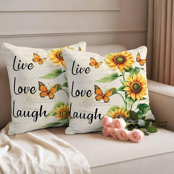 Live Love Laugh Outdoor Waterproof Throw Pillow Covers Set of 2, 24"x24", Sunflower Butterfly Rustic Watercolor Floral Decorative Pillow Covers Outside Cushion Case for Patio Porch Garden