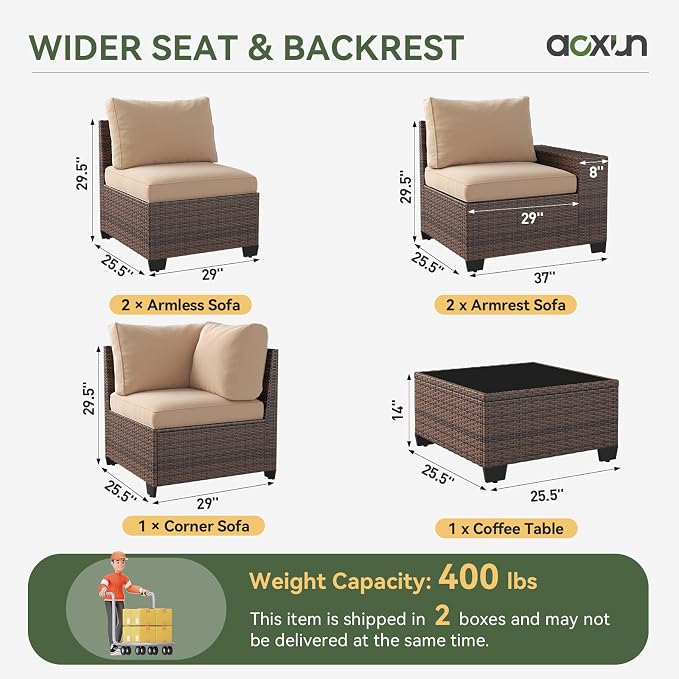 Aoxun Patio Fruniture Sets, Wicker Outdoor Patio Furniture Set with 4 in Thick Cushions and Widen Armrests, All-Weather Outdoor Sectional for Backyard, Garden and Poolside, Beige