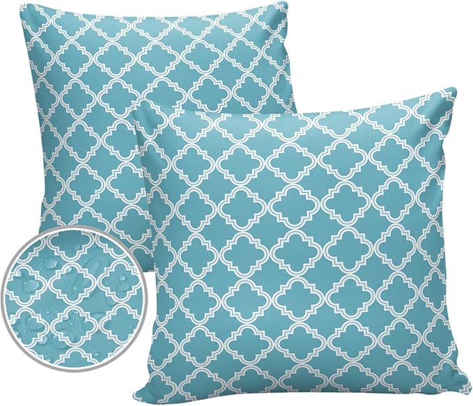 Outdoor Waterproof Pillow Covers for Patio Furniture Moroccan Pattern Decorative Throw Pillow Cover Blue Geometric Trellis Pillowcases Set of 2 Cushion Case for Sofa Couch Chair Home Decor 20x20 inch