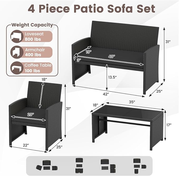 HAPPYGRILL 4 Piece Rattan Wicker Patio Conversation Set, Outdoor Furniture with Chair Loveseat Table & Cushion, for Backyard Porch Balcony (2, Black & Black)