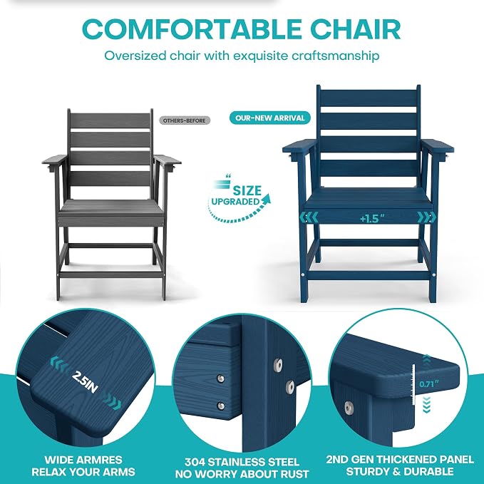 5-Piece Dining Set, HDPE Table & 4 Chairs, Navy Blue | HDPE Dining Set: 69.1" Table + 4 Chairs, 380 lbs, 304 Stainless, All-Weather, No Rust No Crack, Outdoor Patio Garden
