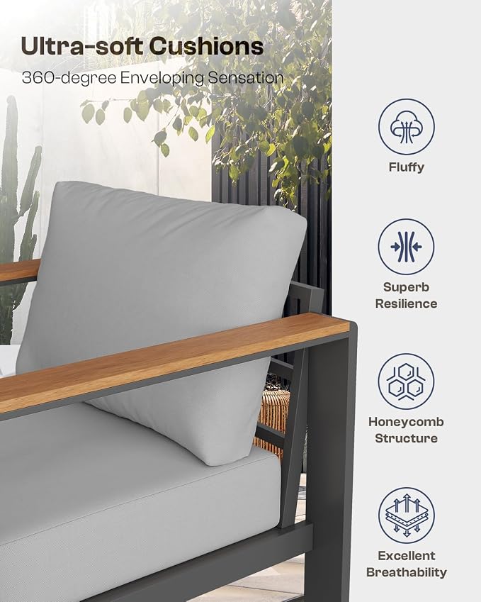 Aluminum Outdoor Patio Furniture, 3 Seats All-Weather Outdoor Patio Sofa with Washable Thick Cushion, Patio Sofa Couch for Porch, Balcony, Deck, Yard, Gray