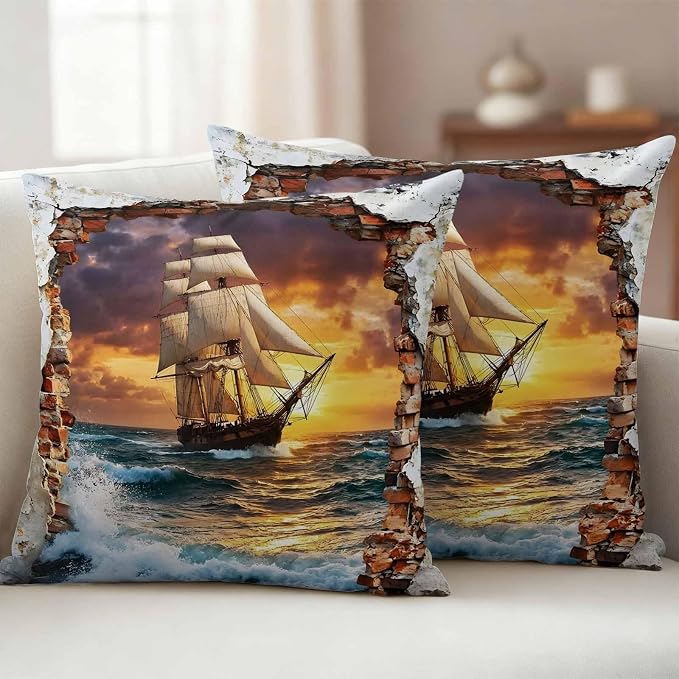 Coastal Nautical Outdoor Pillow Covers 18x18 Inch Throw Pillow Covers Set of 2 Waterproof Decorative Pillow Cases Summer Beach Vintage Ship Sail Cushion Covers for Patio Furniture Garden Couch Sofa