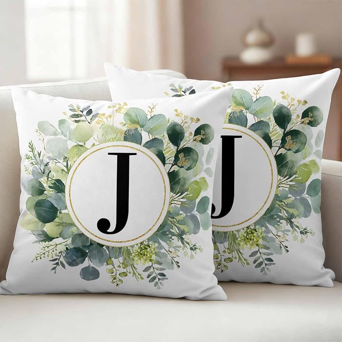 Letter J Waterproof Outdoor Pillow Covers Set of 2 Home Decor, Alphabet Green Eucalyptus Leaves Pillowcase Patio Pillow Covers for Couch Bench Patio Furniture Garden 24x24in