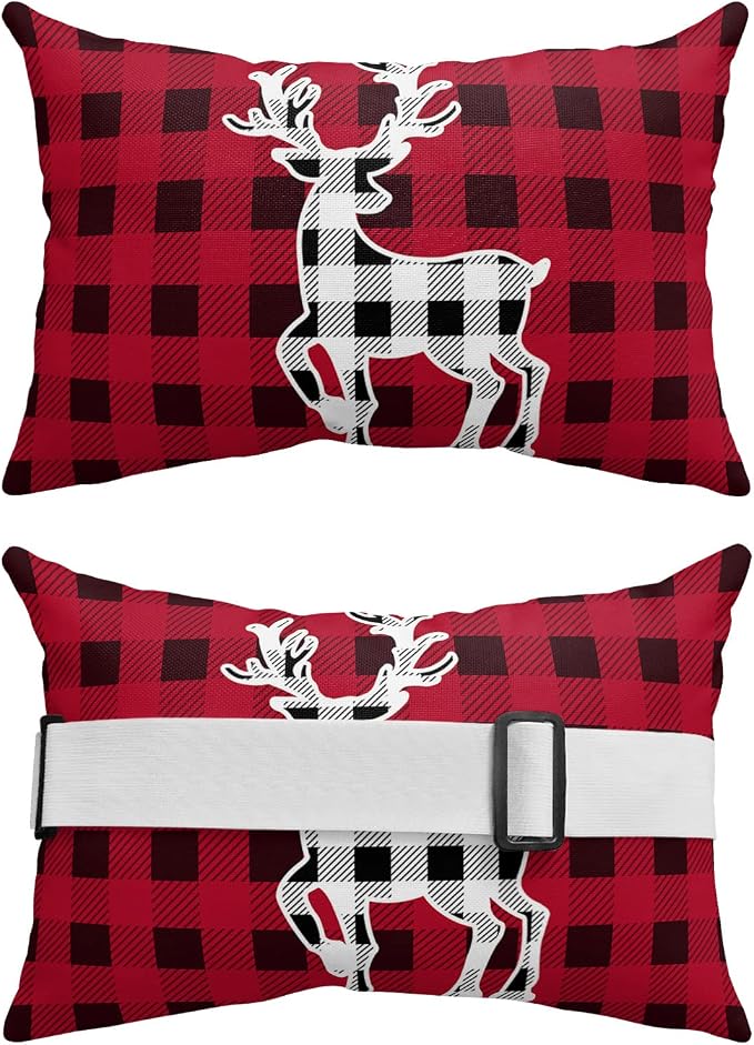 Outdoor Pillows Covers with Inserts Black and Red Plaid Forest Animal Runner Elk Waterproof Recliner Pillow with Adjustable Strap Throw Pillows for Patio Furniture Pool Lounge Chair, 11x16 inch, 1PCS