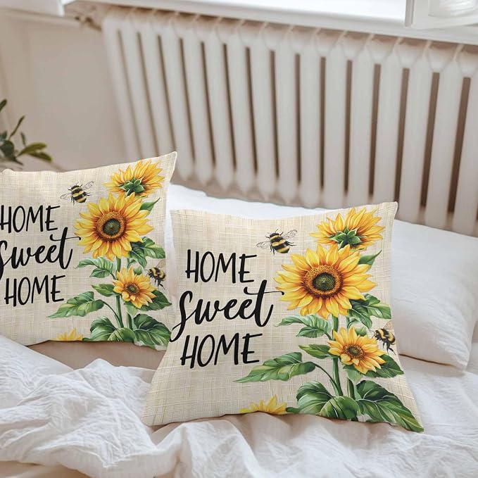 Throw Pillow Covers 18x18 Inch Set of 2, Spring Sunflowers Waterproof Outdoor Pillow Covers, Bee Beige Farm Country Rustic Decorative Cushion Pillowcases for Couch, Sofa, Bed, Garden, Patio