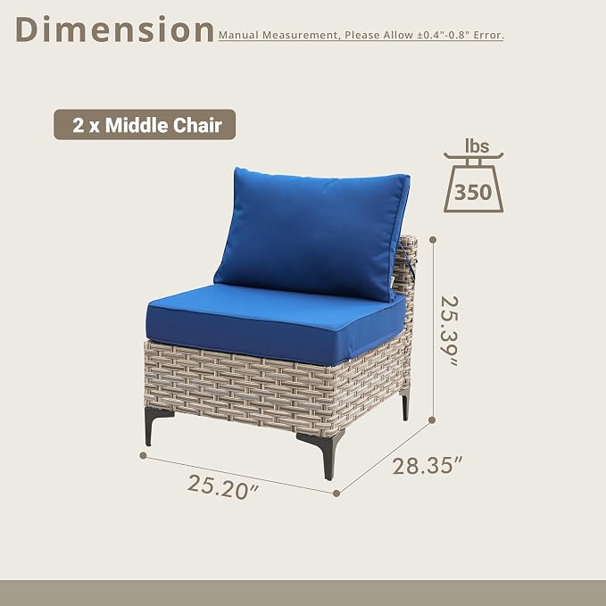 2 Pieces Patio Sectional Furniture Set, Outdoor Wicker Sectional Couch Middle Seats, Modern Conversation Set for Porch Balcony Backyard, Navy Blue