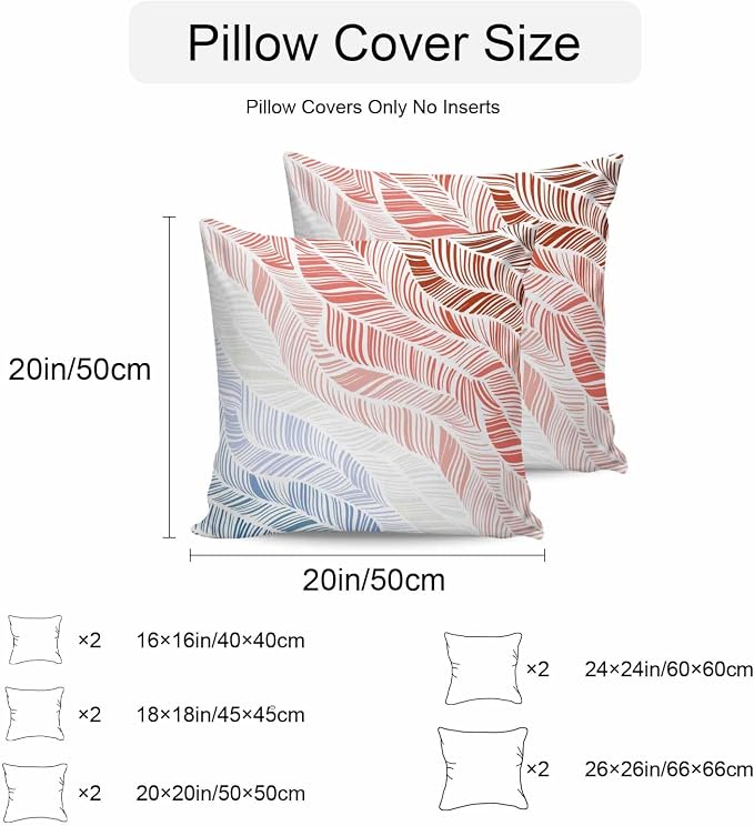 Vandarllin Outdoor Throw Pillows Covers 16x16 inch Set of 2 Waterproof Summer Beach Decorative Zippered Cushion Covers for Patio Furniture, Ombre Red Abstract Leaf Lines Lumbar Pillowcases