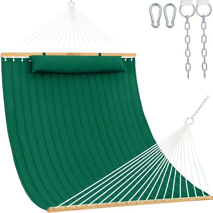 Lazy Daze Hammocks 12 FT Double Quilted Fabric Hammock with Spreader Bar and Detachable Pillow, 2 Person Hammock for Outdoor Patio Backyard Poolside, 450 LBS Weight Capacity, Dark Green