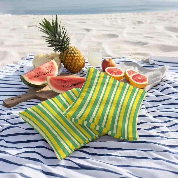 Lemon Green Yellow Outdoor Pillow Covers 18x18 Inch Throw Pillow Covers Set of 2 Waterproof Decorative Pillow Cases Summer Modern Farmhouse Striped Cushion Covers for Patio Furniture Garden Couch Sofa