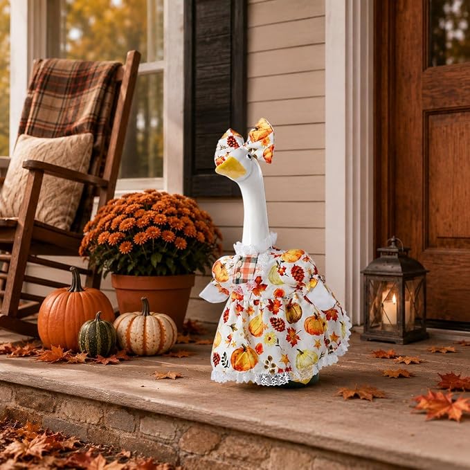 STONESTAR Fall Porch Goose Outfits Autumn Goose Clothes with Pumpkin Dress Bow Headband, Fits 23 Inch Cement Plastic Geese Statues, Thanksgiving Goose Costume for Yard Patio Lawn Outdoor Decor