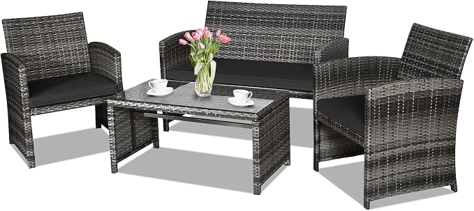 Goplus 4-Piece Rattan Patio Furniture Set, Outdoor Wicker Conversation Sofa with Weather Resistant Cushions and Tempered Glass Tabletop for Lawn Backyard Pool Garden (Black)