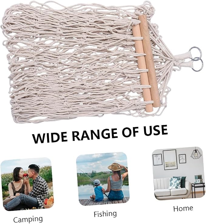 1pc Reticulated Cotton Rope Hammock Swing Chair with Wooden Stick Outdoor Leisure Bed for Camping Hiking Traveling Stylish and Hanging Chair