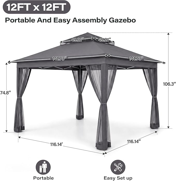 LAUSAINT HOME 12x12 Pop Up Gazebo Canopy Tent with Mosquito Netting, Instant One-Push Setup, Adjustable Height Outdoor Canopy Shelter with Carry Bag for Patio, Backyard, Camping, Parties & BBQs, Gray