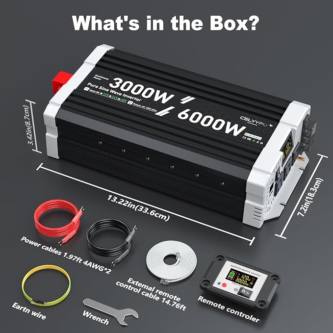 3000 watt Pure sine Wave Inverter, 12V DC to 110V AC Power Inverter, with 3 AC Output sockets, USB Port, Type-C Port, Remote Control with LCD Screen, Used for Solar Emergency Power Supply in RV Homes