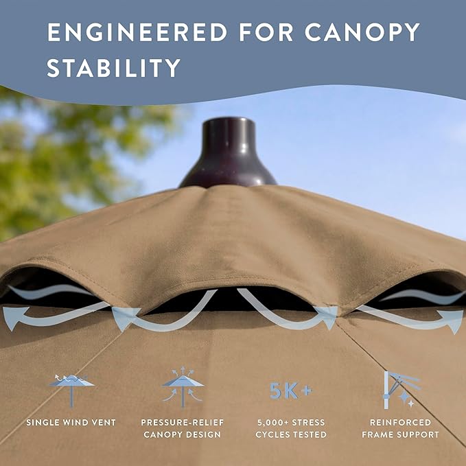 California Umbrella 12-Year Protection 9-Ft Outdoor Patio Umbrella, Sunbrella Fade-Resistant Fabric, Auto-Tilt, Heavy Duty Aluminum Frame, 8 Reinforced Ribs for Pool or Deck, Bronze Pole, Heather Beige