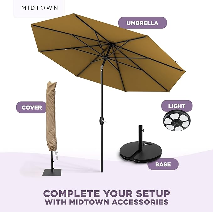 Midtown Umbrellas - 10-Year-No-Fade 10 Ft Patio Umbrella with Terylast Fabric, Auto-Tilt Aluminum Frame and 8 Reinforced Ribs for Deck, Pool, Garden & Beach - Sand Tan Canopy, Black Pole