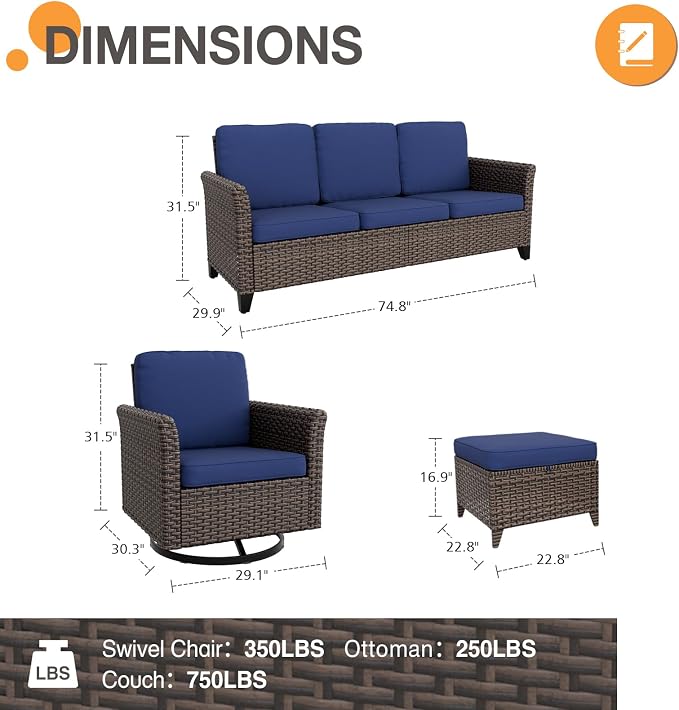 COOS BAY Harbor Retreat 5 Piece Outdoor Furniture Set, Patio Conversation Set with w/Swivel Rocking Chairs, 3 Seat Couch and Ottomans, Wicker Furniture, Brown/Blue
