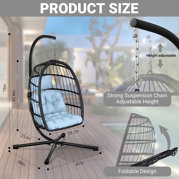 CHABATREE Egg Chair with Stand,Patio Rattan Wicker Hanging Swing Egg Chair Hammock Chair for Bedroom Porch Garden,Thickened Aluminum Alloy Steel Frame and UV Resistant Cushion,350LBS Capacity