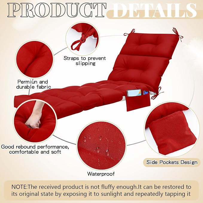 Kigley 2 Pcs Outdoor Chaise Lounge Cushions with 3 Side Pocket 74.5 x 22 x 4.7 Inch Patio Chaise Lounge Cushion, Water-Repellent and Fade-Resistant Tufted Summer Replacement(Red)