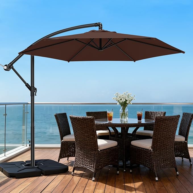 AreShark 10FT Patio Outdoor Umbrella, Offset Patio Umbrella Cantilever Umbrella, 6 Sturdy Ribs, Easy Adjustment for Garden Market Pool with Cross Base (Brown)