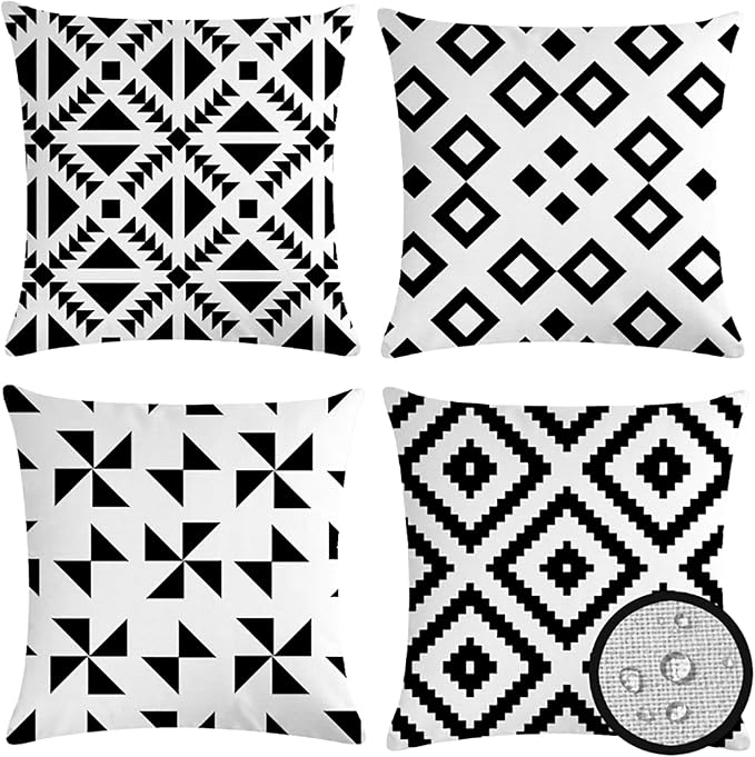 Pack of 4 Waterproof Outdoor Indoor Throw Pillow Covers 18x18 Inches Boho Black White Pillowcases Double Side Printed Cushion Covers for Garden Patio Furniture Sunbrella Sofa Couch, 45X45 cm