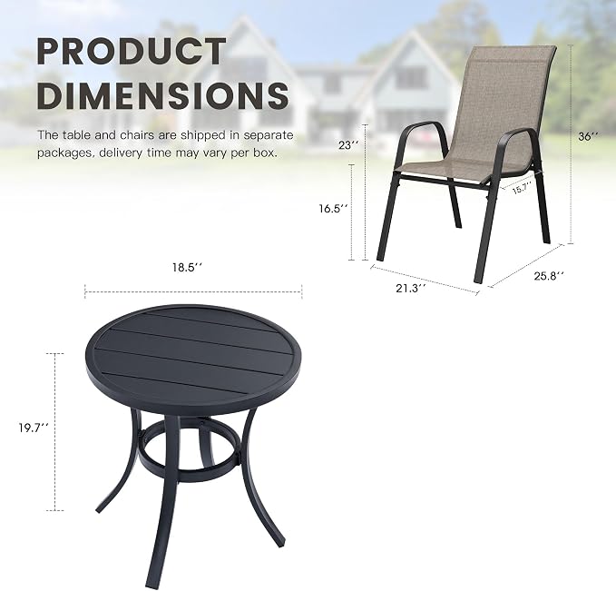 3 Pieces Small Outdoor Dining Set, 18.5" Round Outdoor Side Table & Stackable Patio Dining Chairs, Patio Table and Chairs Set for Deck Garden Porch, Brown Chairs & Black Table