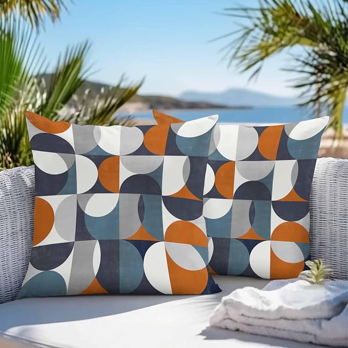 Vandarllin Outdoor Throw Pillows Covers 20x20 inch Set of 2 Waterproof Mid Century Geometric Decorative Zippered Cushion Covers for Patio Furniture, Abstract Modern Orange Blue Lumbar Pillowcases
