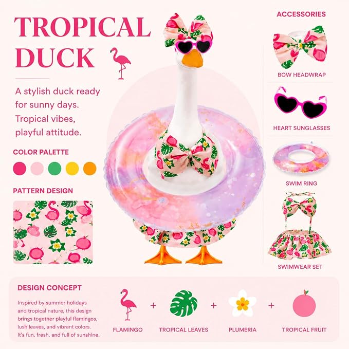 Flamingo Tropical Lawn Goose Outfit Set, Floral Bikini Costume with Gradient Glitter Swim Ring Heart Sunglasses Bow Headband, 23 Inch Porch Goose costume, Summer Outdoor Garden Yard Decor