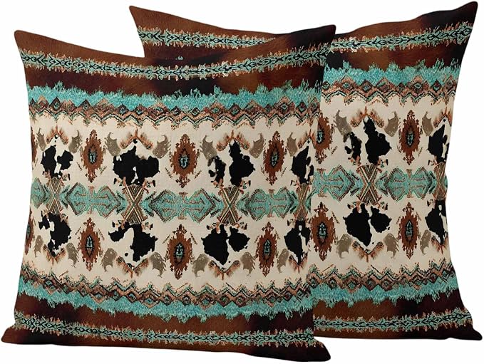 Boho Cowhide Outdoor Pillow Covers 26"x26" Set of 2, Western Aztec Tribal Green Brown Cow Texture Waterproof Throw Pillow Covers for Patio Furniture, Decorative Cushion Covers for Porch