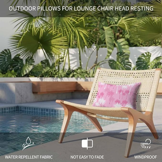 Tropical Palm Tree Outdoor Pillows for Chaise Lounge Chair Beach Headrest Pillow Set of 2 Waterproof Lumbar Pillows with Insert&Strap Magenta Pink Plants Coastal Leaf Beach Pool Pillow 12"x20"