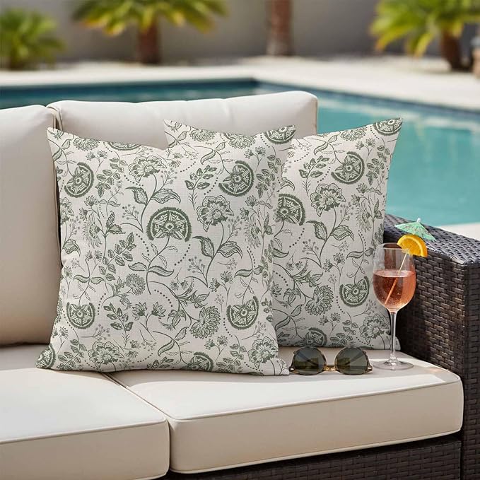 Outdoor Pillow Covers 20x20 Set of 2, Retro Spring Floral Waterproof Patio Throw Pillow Covers for Couch Sofa Chair, Summer Botanical Vintage Farmhouse Decorative Pillowcases for Throw Pillows