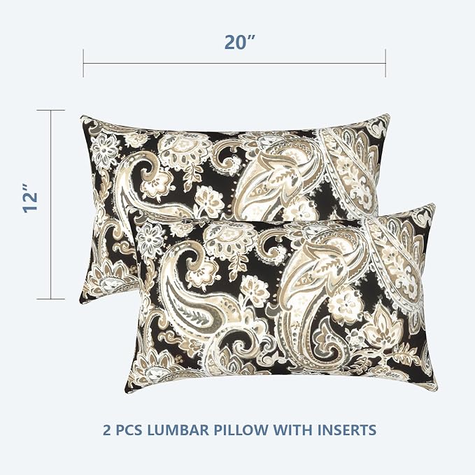 LVTXIII Outdoor/Indoor Lumbar Pillows, Decorative Patio Lumbar Cushions, Fluffy Fade Resistant Throw Pillow Cushions for Home Patio Coach Sofa, 12×20 Inch, Pack of 2, Paisley Black
