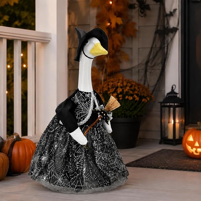 Halloween Porch Goose Outfits for 23'' Lawn Geese Statue, Witch Porch Goose Clothes with Black Spiderweb Dress Witch Hat Broom, Outdoor Garden Goose Costume Accessories for Halloween Patio Yard Decor