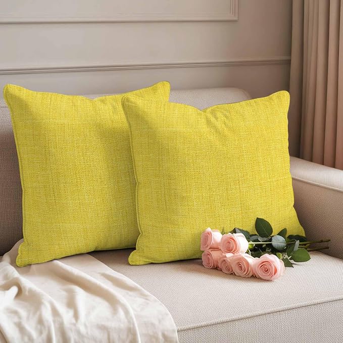 Pack of 2 Waterproof Outdoor Pillow Covers 18x18 Inch Decorative Pillow Covers Yellow Burlap Texture Throw Pillowcases Farmhouse Vintage Yellow Outdoor Cushion Cover for Couch, Patio, Tent