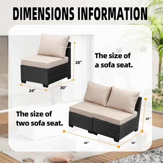 Outdoor Wicker Armless Sofa 2 Pack, Patio Rattan Sectional Sofa Set with Thick Seat Cushions and 2 Back Cushions for Garden, Backyard, Poolside Beige