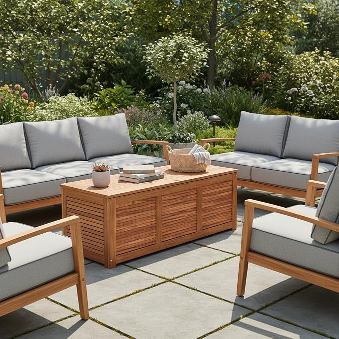 HOMGX Acacia Wood Deck Box with Teak Oil Finish, Sturdy Outdoor Storage Bench for Patio Garden Backyard, Versatile Patio Storage Box with Ventilated Slats & 355 lbs Capacity, 46 Gallon, Natural