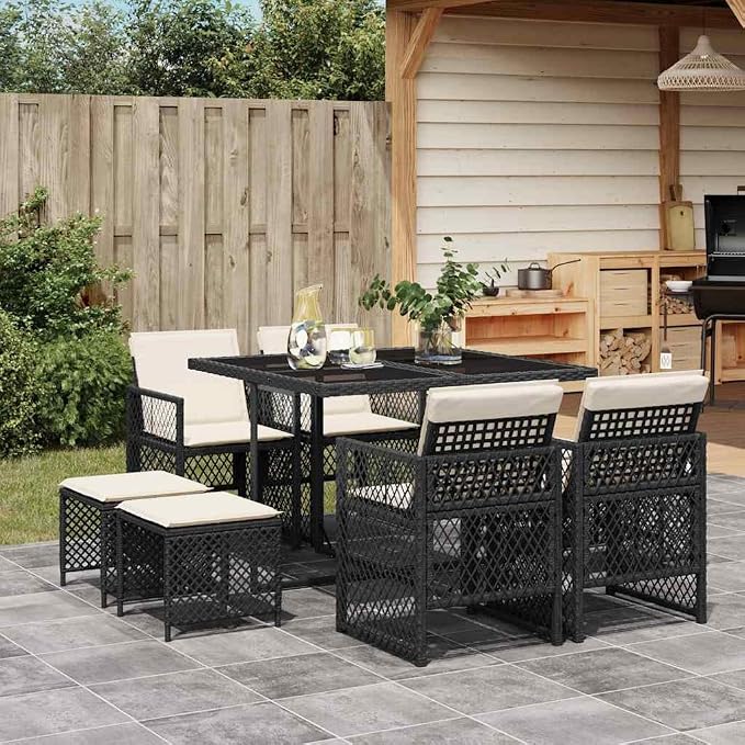 9-Piece Patio Dining Set, 8 Person Outdoor Table and Chairs Cube Set with Tempered Glass Tabletop and Removable Cushions, Modern PE Rattan Furniture for Garden, Backyard and Terrace, Black