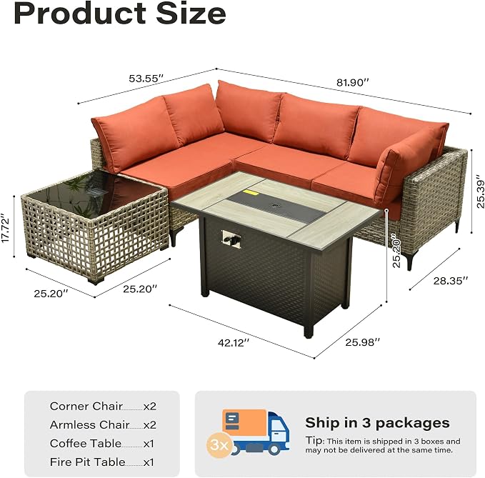 6 Pieces Patio Furniture Set with 42" Fire Pit, All-Weather Rattan Outdoor Sectional Conversation Sets L Shaped Sofas with Solar Light Coffee Table for Porch Balcony,Coarse Stripes Red