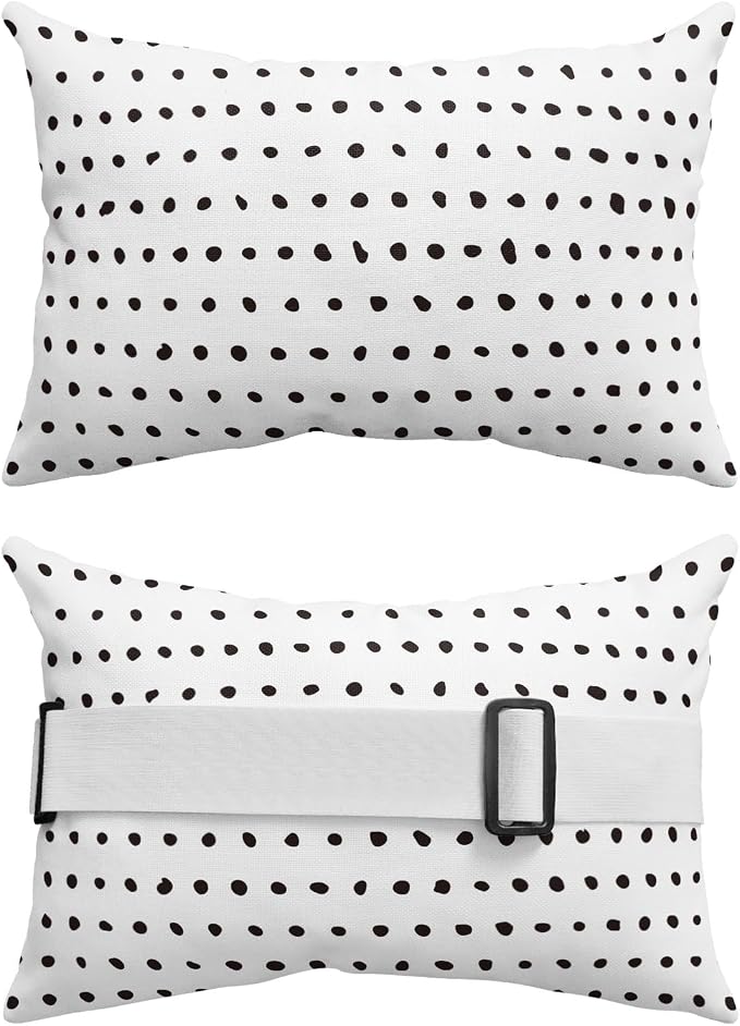 Chaise Lounge Headrest Pillow 2 Pack, White Waterproof Chair Pillows with Insert & Adjustable Elastic Strap for Beach Recliner, Abstract Black Polka Dot Geometric Minimalist Art Outdoor Patio Pillow