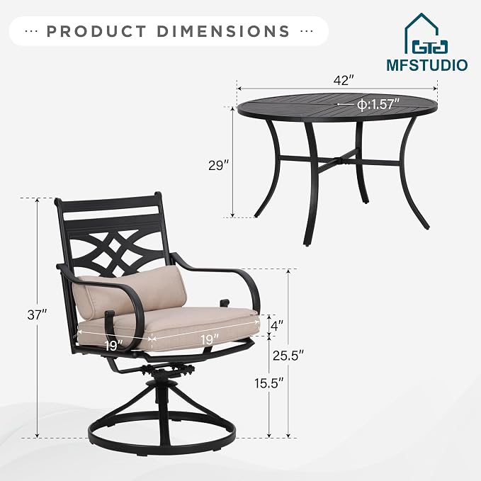 MFSTUDIO Patio Dining Set, 42" Round Metal Table, Swivel Chairs, Beige | Umbrella Included, Umbrella Base Not Included, All-Weather Use