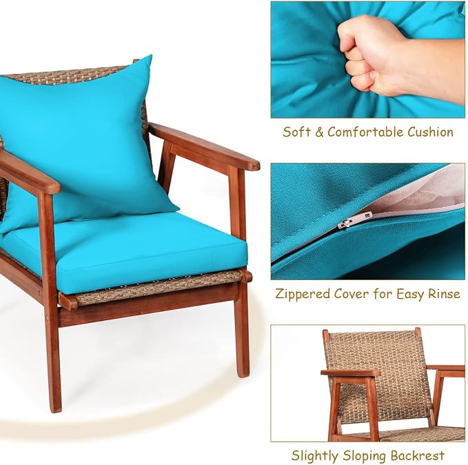 Tangkula 8 PCS Patio Wood Sofa Set, Outdoor Acacia Wood Seating Chat Set with Cushions & Coffee Table, Sectional Conversation Sofa Set for Garden, Backyard, Poolside (2, Turquoise)