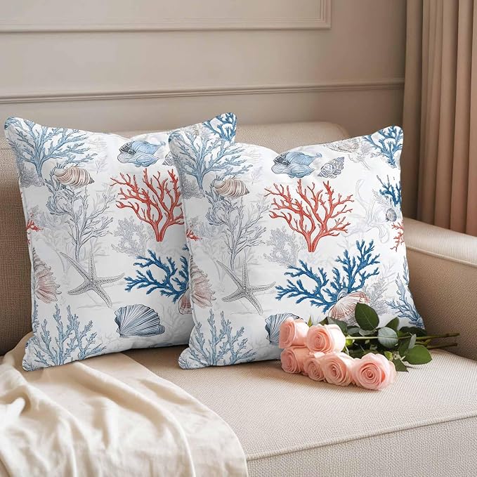 Summer Nautical Outdoor Waterproof Throw Pillow Covers Set of 2, 24"x24", Red Blue Coral Seashell Coastal Vintage Decorative Pillow Covers Outside Cushion Case for Patio Porch Garden