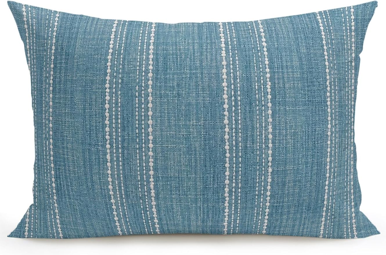 Waterproof Outdoor Pillow 1 Pack Coastal Blue Linen Stripes Decorative Throw Pillows Cover & Insert 20x12 Inch Lumbar Pillowcase Parallel Vertical Lines Pillows for Couch Sofa Bed Patio Furniture