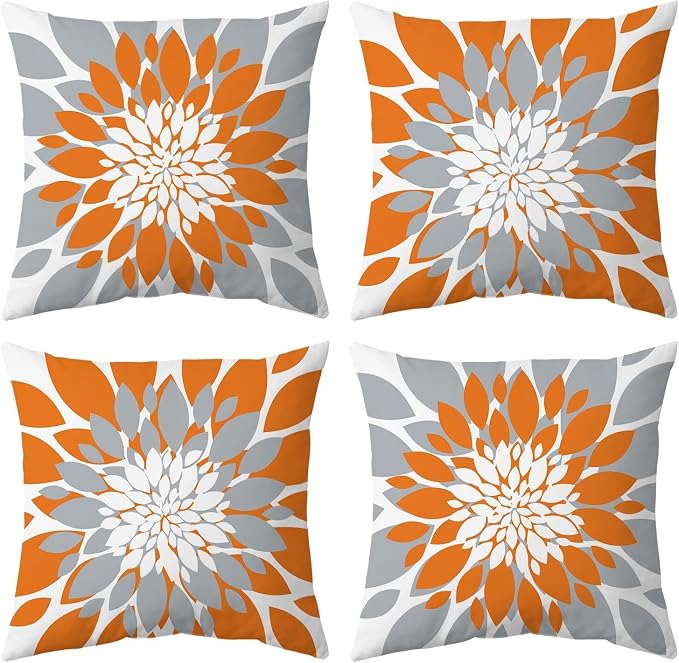 Pack of 4 Fall Outdoor Waterproof Pillow Covers 20x20 Decorative Outdoor Throw Pillows Garden Square Cushion Cases for Patio Furniture, Couch, Tent Sunbrella, Bench, Orange Grey